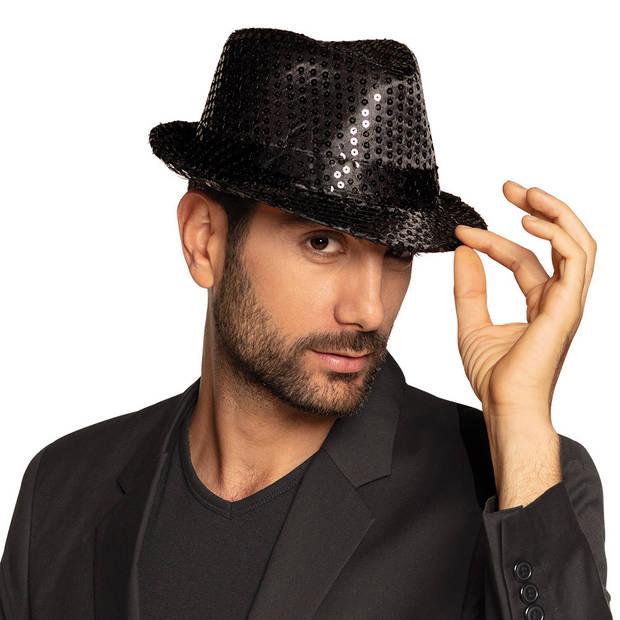 Carnaval verkleed set glitter hoed en bretels zwart - Verkleedhoofddeksels