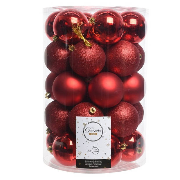 34x stuks kunststof kerstballen 8 cm inclusief kralenslinger rood - Kerstbal