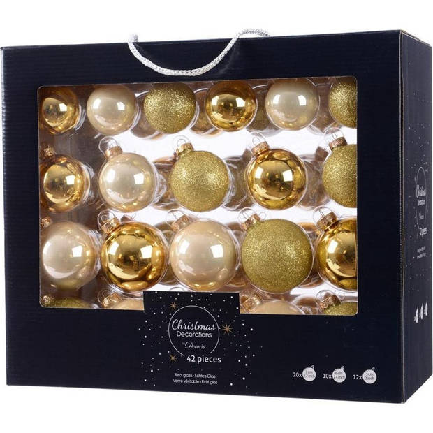 Kerstversiering glazen kerstballen mix set 5-6-7 cm goud/champagne 42x stuks met haakjes - Kerstbal