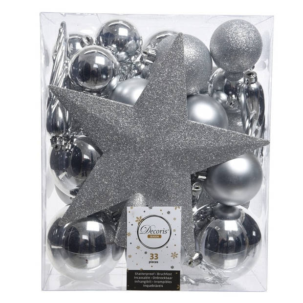 Decoris kerstballen 37x stuks zilver 5-6-8-10 cm met ster piek kunststof - Kerstbal