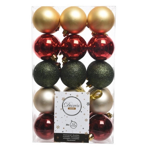 Kerstversiering mix pakket kunststof kerstballen 6 cm goud/groen/rood 30x stuks met haakjes - Kerstbal