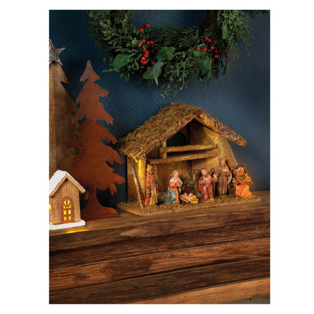 Decoris Kerststal - inclusief 8 figuren - 38 x 18 x 29 cm - Kerststallen