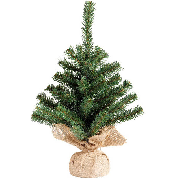 Mini kunst kerstboom groen met verlichting - in jute zak - H45 cm - zwart/grijs - Kunstkerstboom