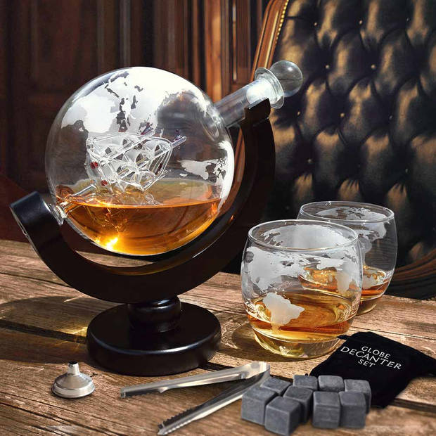 Globe Whiskey Decanter - Standaard Versie - 0.9L - Incl. 2 Whiskey Glazen, Whiskey Stones en Luxe Kist - Whiskey Karaf -