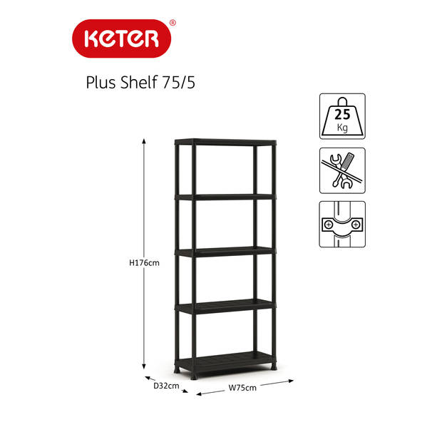 Keter Plus shelf 75/5 - 5 Planken - 75x32x176 cm - Zwart