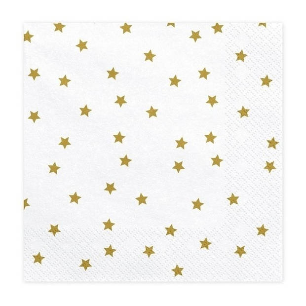 Kerst servettenhouder inclusief 20 servetten wit/goud sterretjes print - Feestservetten