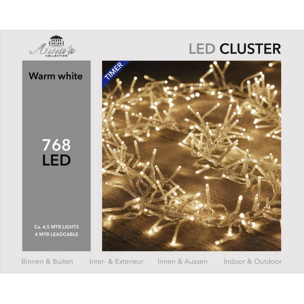 Cluster lights 768 lampjes 4,5m LED warm wit 4m aanloopsnoer transparant bibui Transformator Cluster lights CoenBakker