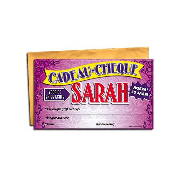 Cadeau cheque voor de Sarah 20 x 34 cm - Fopartikelen