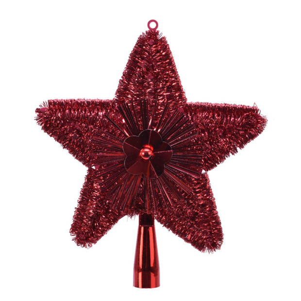 Kerstboom piek kunststof rood met glitters 23 cm - kerstboompieken