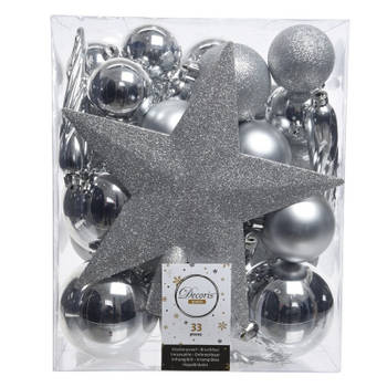 33x stuks kunststof kerstballen met ster piek zilver 5-6-8 cm mix - Kerstbal