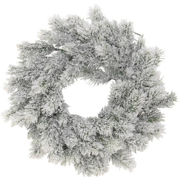 Kerstkrans 35 cm - groen - besneeuwd - met zilveren hanger/ophanghaak - kerstversiering - Kerstkransen