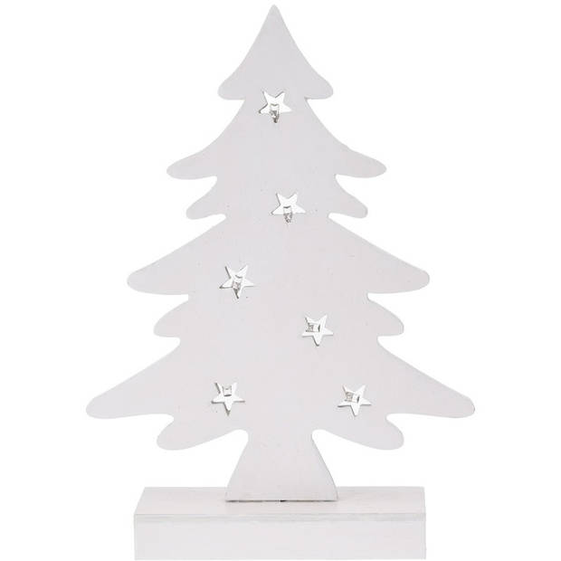 2x stuks kerstdecoratie kerstboom wit hout 28 cm met Led lampjes - Houten kerstbomen