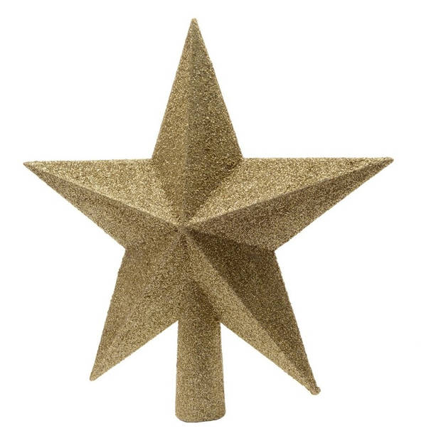 Kerstversiering kunststof glitter ster piek 19 cm en sterren folieslingers pakket goud van 3x stuks - kerstboompieken