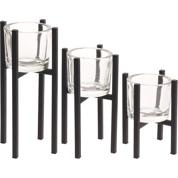 Kaarshouders - 3 stuks - glas - met zwart metalen standaard - waxinelichtjeshouders - Waxinelichtjeshouders