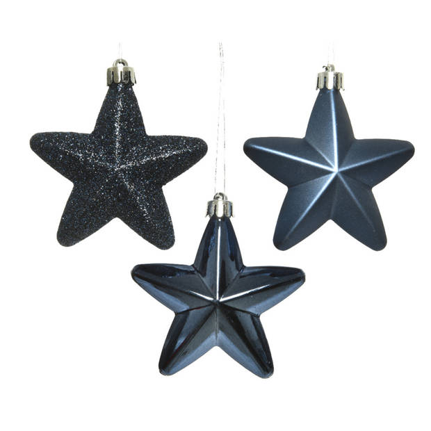 6x Donkerblauwe sterren kerstballen 7 cm kunststof glans/mat/gli - Kersthangers