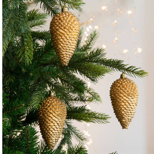 4x Kunststof dennenappel kerstballen glitter goud 12 cm kerstboom versiering/decoratie - Kersthangers
