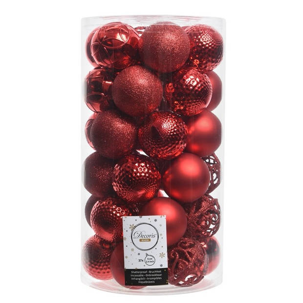 74x stuks kunststof kerstballen mix van parelmoer wit en rood 6 cm - Kerstbal