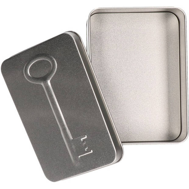 Zilveren opbergdoos met sleutel print 14,5 cm - Voorraadblikken