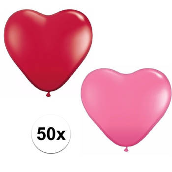 50x huwelijk / valentijn ballonnen rood / roze hartjes versiering - Ballonnen