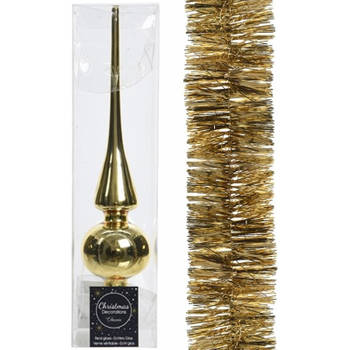 Gouden kerstversiering/kerstdecoratie set piek en folie slinger 270 cm - Kerstslingers