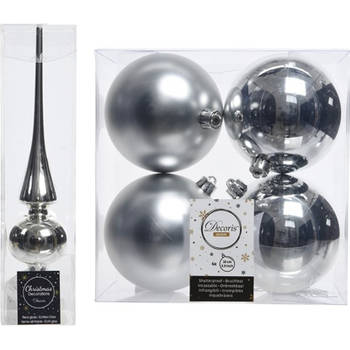 Zilveren kerstversiering set piek en 4x kerstballen 10 cm glans/mat - Kerstbal