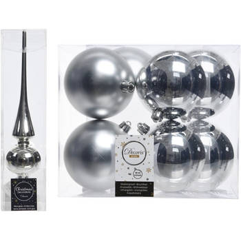 Kerstboom versiering zilver piek en 8x kerstballen 10 cm - Kerstbal