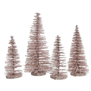 Set van 4x stuks decoratie kerstboompjes glitter roze 4 stuks - Kerstdorpen