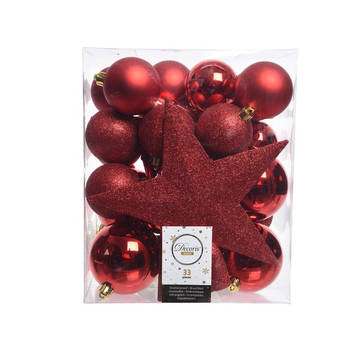 33x Kunststof kerstballen mix rood 5-6-8 cm kerstboom versiering/decoratie - Kerstbal