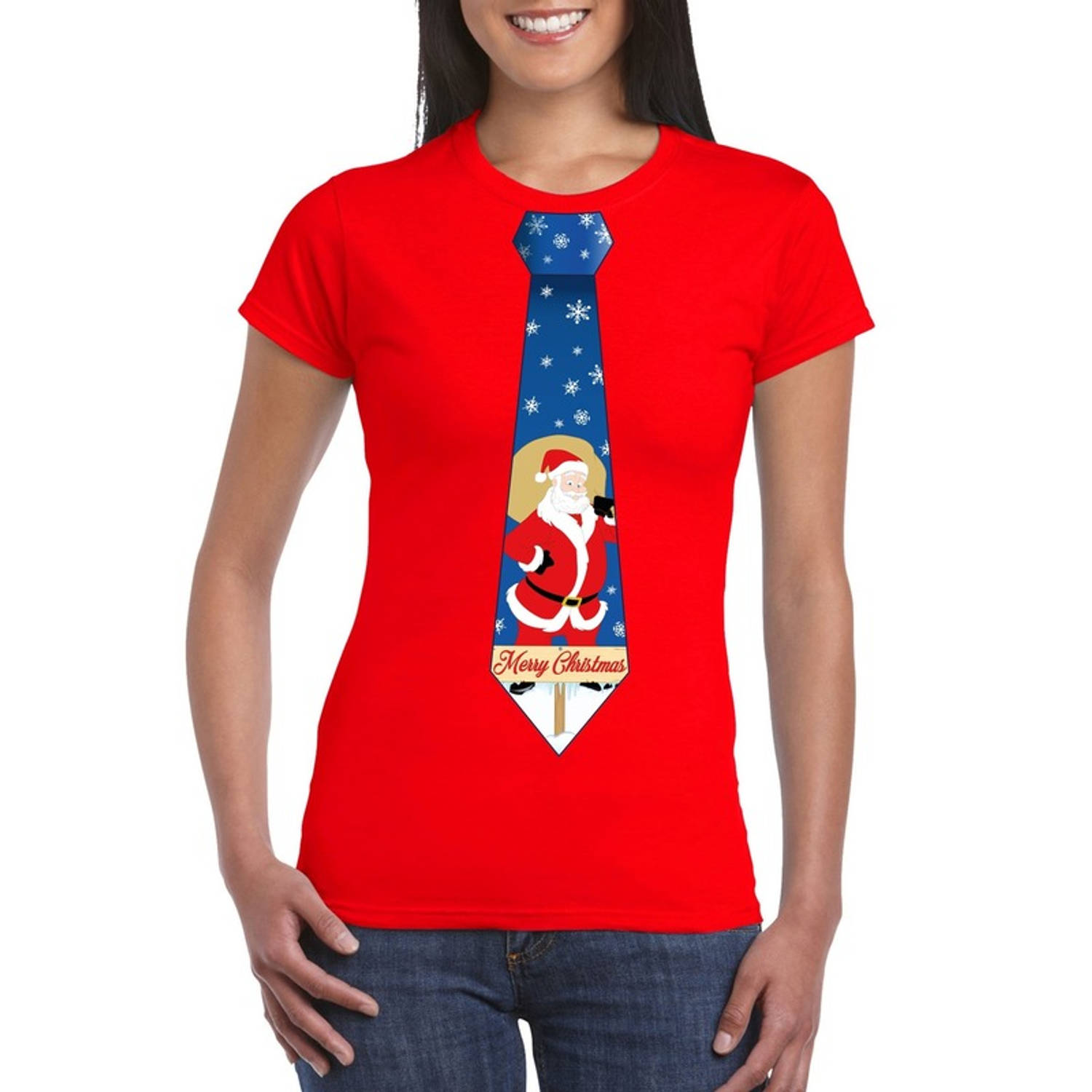 Foute kerst t-shirt met kerstman stropdas rood voor dames XL - kerst t-shirts