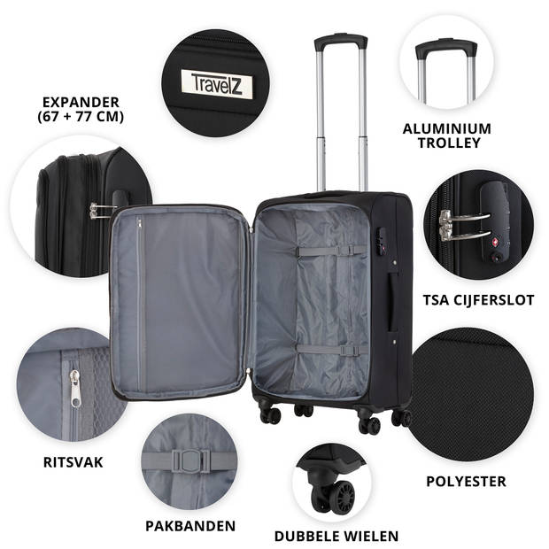TravelZ Softspinner TSA Kofferset - 3-delige zachte Trolleyset - Zwart
