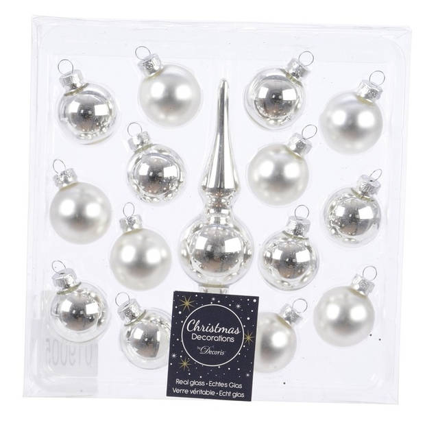 Zilveren glazen kerstballen en piek voor mini kerstboom