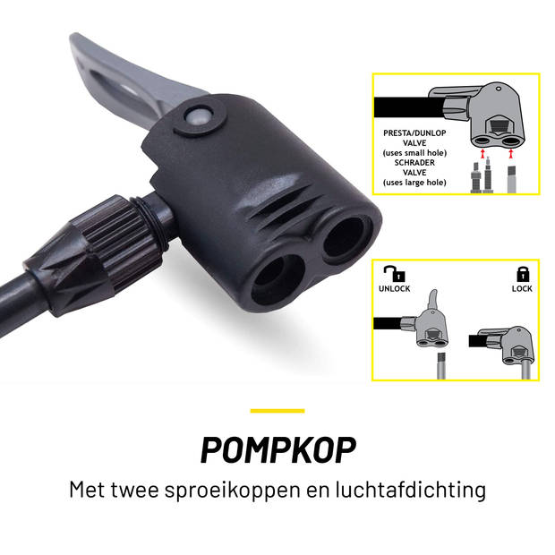 Dunlop Fietspomp met Drukmeter - Fiets Pomp voor Dunlop, Schrader en Frans Ventiel - Staande Pomp Incl. Adaptoren