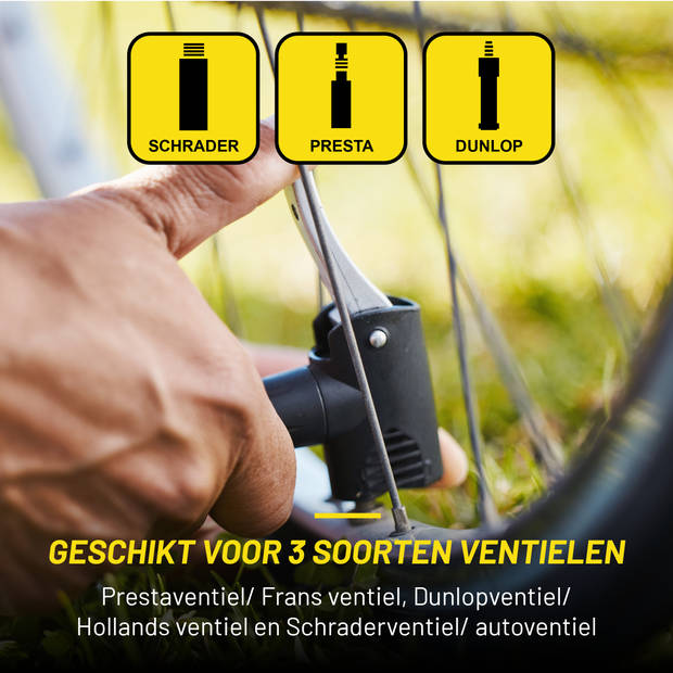 Dunlop Fietspomp met Drukmeter - Fiets Pomp voor Dunlop, Schrader en Frans Ventiel - Staande Pomp Incl. Adaptoren