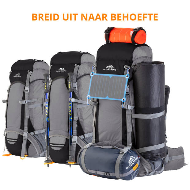 Dutch Mountains ‘Maas’ Backpack Lichtgewicht Rugzak Regenhoes Hydratatie-opening 65 +10 Liter Zwart