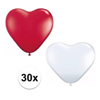 30x huwelijk ballonnen wit / rood hartjes versiering - Ballonnen