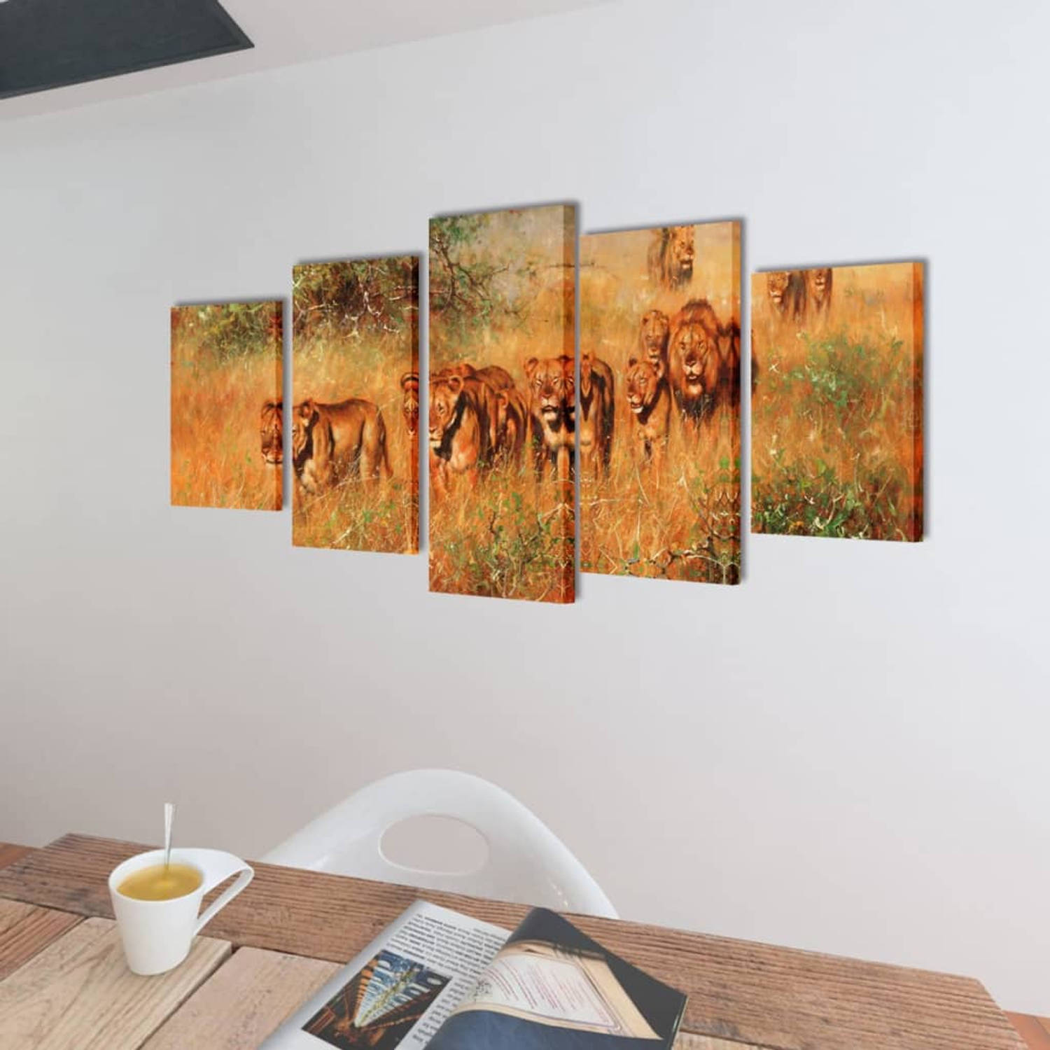 The Living Store 5-panelen canvas muurdruk set - 200x100 cm - Leeuwenprint