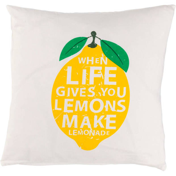 Dutch Decor - LARA - Sierkussen katoen 45x45 cm - ivoor / wit - When life give you lemons make lemonade - citroen