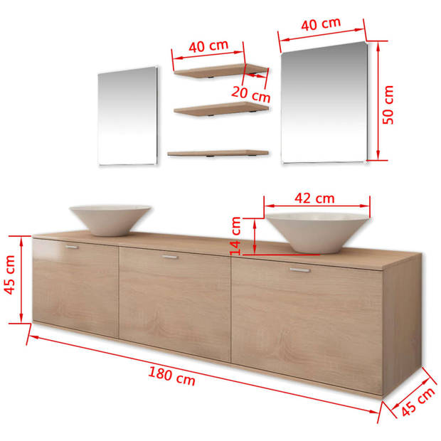 The Living Store Badkamermeubel Rondo - Wandgemonteerd - 180 x 45 x 45 cm - Beige - Met 2 Spiegels - 3 Schappen en 2