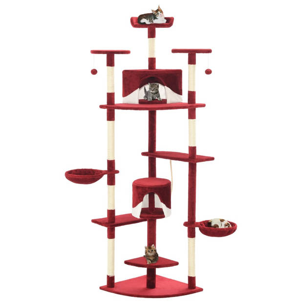 The Living Store Kattenboom - Rood/Wit - 103 x 77 x 203 cm - Met krabpalen - speeltjes - manden - huizen