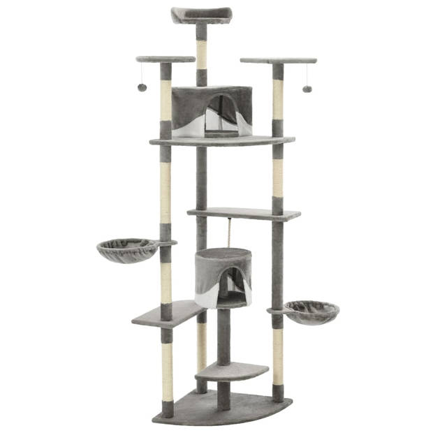 The Living Store Kattenboom - Grijs/Wit - 103x77x203 cm - Met huizen - speeltjes - manden en krabpalen