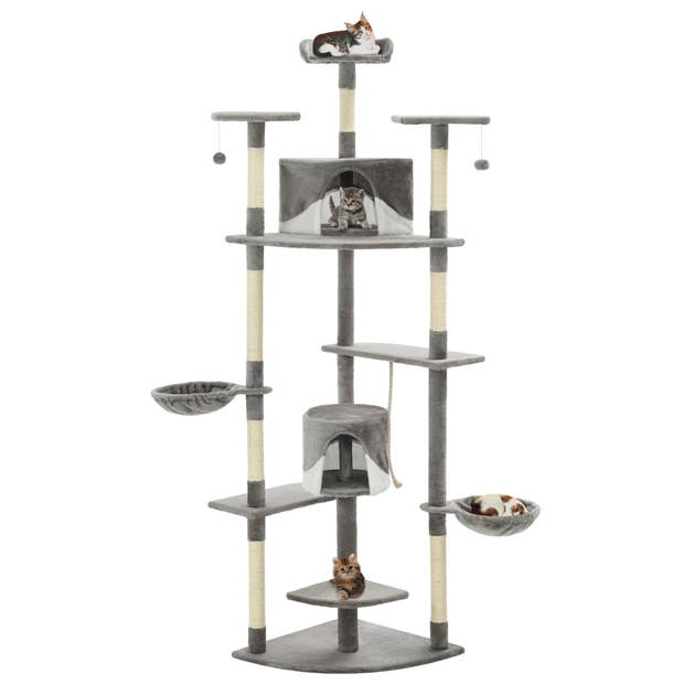 The Living Store Kattenboom - Grijs/Wit - 103x77x203 cm - Met huizen - speeltjes - manden en krabpalen