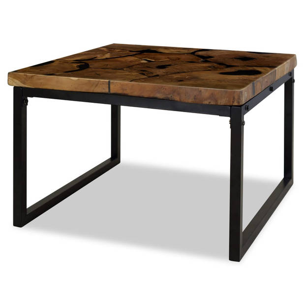 The Living Store Salontafel - Teakhout met hars - 60x60x40 cm - Handgemaakt - Staal