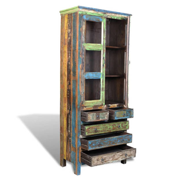 The Living Store Boekenkast Vintage Style - Houten - 90 x 48 x 214 cm - Gerecycled Hout - Meerkleurige Deuren