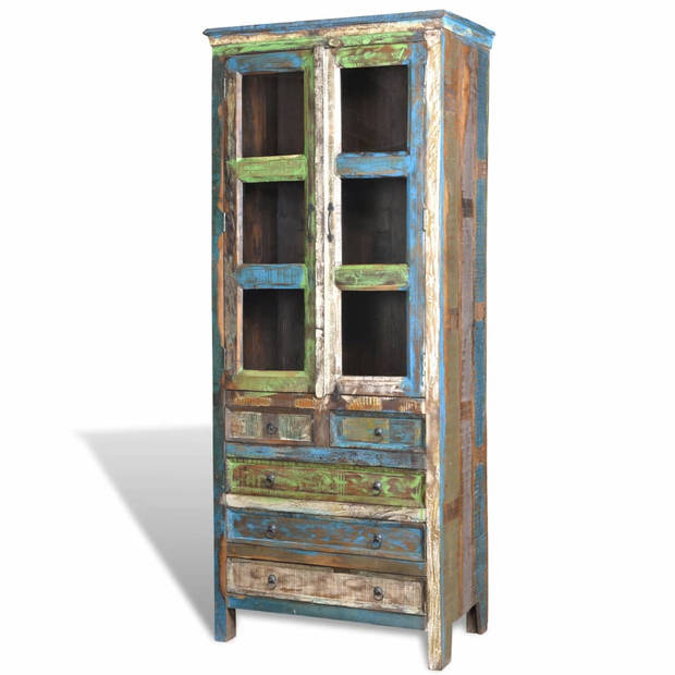 The Living Store Boekenkast Vintage Style - Houten - 90 x 48 x 214 cm - Gerecycled Hout - Meerkleurige Deuren