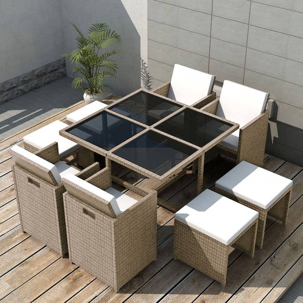 vidaXL 9-delige Tuinset met kussens poly rattan beige