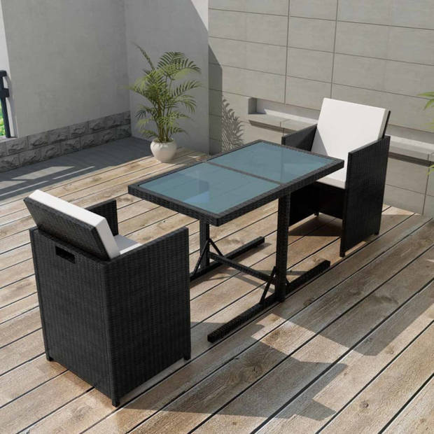 vidaXL 3-delige Bistroset met kussens poly rattan zwart