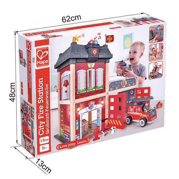 Hape Houten brandweerkazerne 48 x 60 cm rood