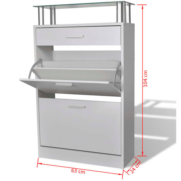 vidaXL Schoenenkast met lade en glazen schap wit hout