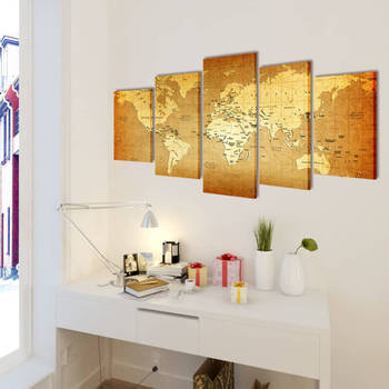 The Living Store 5-panelen Canvas Wereldkaart - 200x100cm - Houtkader - Waterdicht