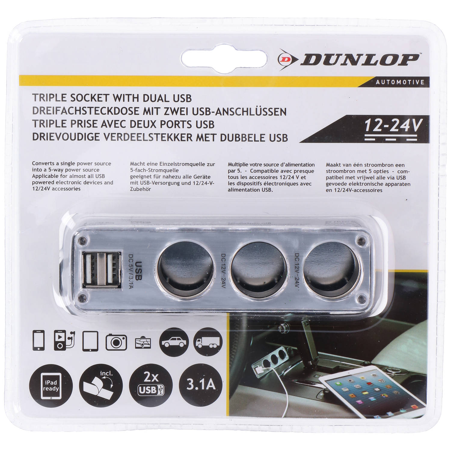 Petulance Conform niezen Dunlop Autolader - 3-Weg Splitter 12-24 Volt - 2x USB-Poort | Blokker